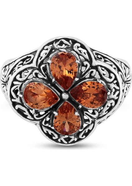 925 Ayar Gümüş Damla Taşlı Turuncu Topaz Işlemeli Yüzük