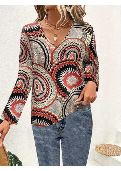 Üçaymoda Kadın Uzun Kollu V Yakalı Desenli Süprem Bluz fırsatları