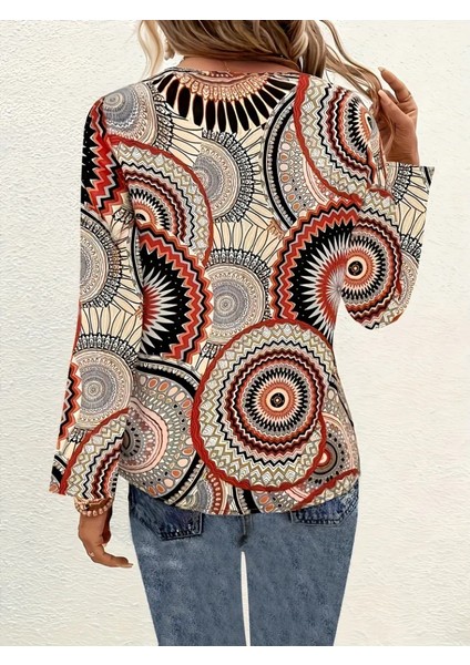 Üçaymoda Kadın Uzun Kollu V Yakalı Desenli Süprem Bluz indirimleri