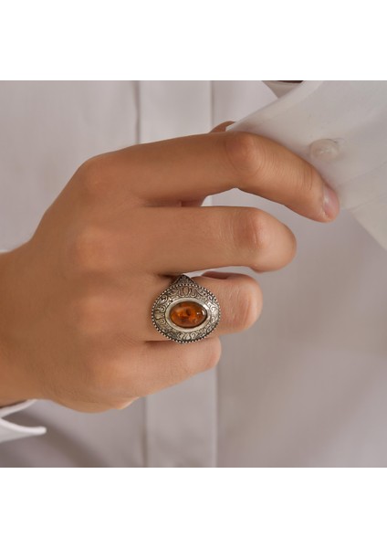 Gümüş Oval Gerçek Kehribar Taşlı Kalemli Erkek Yüzüğü