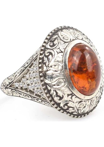 Gümüş Oval Gerçek Kehribar Taşlı Kalemli Erkek Yüzüğü fiyatları