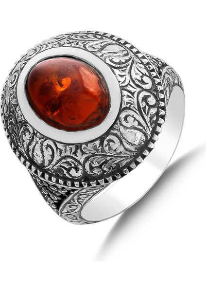 Gümüş Oval Gerçek Kehribar Taşlı Kalemli Erkek Yüzüğü modelleri