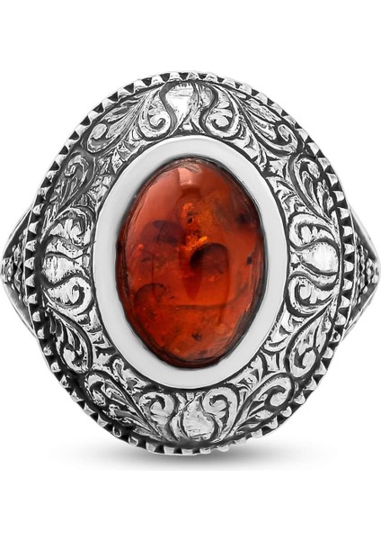 Gümüş Oval Gerçek Kehribar Taşlı Kalemli Erkek Yüzüğü fırsatları