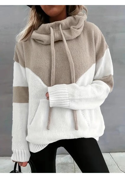 Üçaymoda Kadın Uzun Kollu Blok Desenli Bağcıklı Triko Bluz