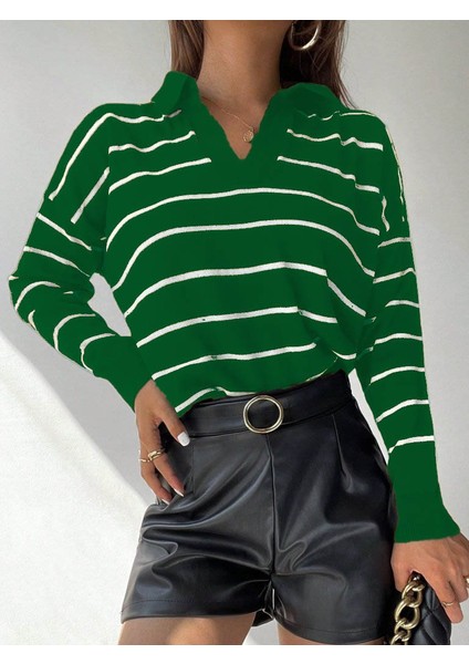 Üçaymoda Kadın Uzun Kollu V Yaka Çizgili Triko Bluz modelleri