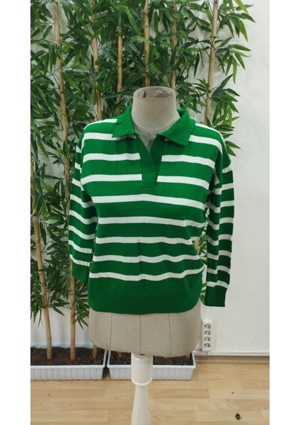 Üçaymoda Kadın Uzun Kollu V Yaka Çizgili Triko Bluz fırsatları