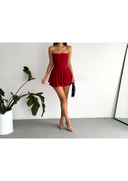 Üçaymoda Straplez Sandy Kumaş Şortlu Prenses Etek Mini Kloş Elbise - Kırmızı
