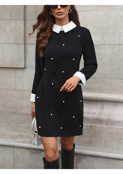 Üçaymoda Kadın Uzun Kollu Yakalı Incili Ithal Krep Elbise fırsatları