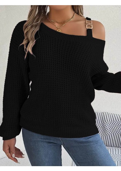 Üçaymoda Kadın Uzun Kollu Tek Omuzu Açık Tokalı Triko Bluz modelleri