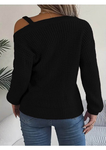 Üçaymoda Kadın Uzun Kollu Tek Omuzu Açık Tokalı Triko Bluz fırsatları