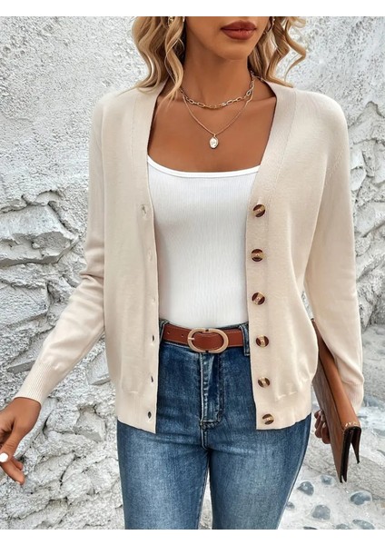 Üçaymoda Kasın Uzun Kollu Önü Düğmeli Kısa Hırka