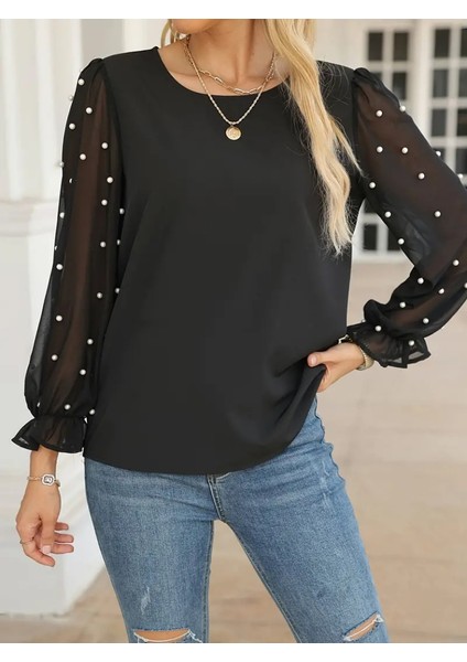 Üçaymoda Kadın Uzun Kollu Bisiklet Yaka Kollar Incili Tül Detaylı Ithal Krep Bluz fiyatları