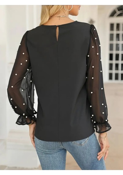 Üçaymoda Kadın Uzun Kollu Bisiklet Yaka Kollar Incili Tül Detaylı Ithal Krep Bluz modelleri