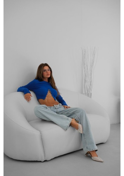 Üçaymoda Taş Detay Triko Yaka Crop Bluz fiyatları