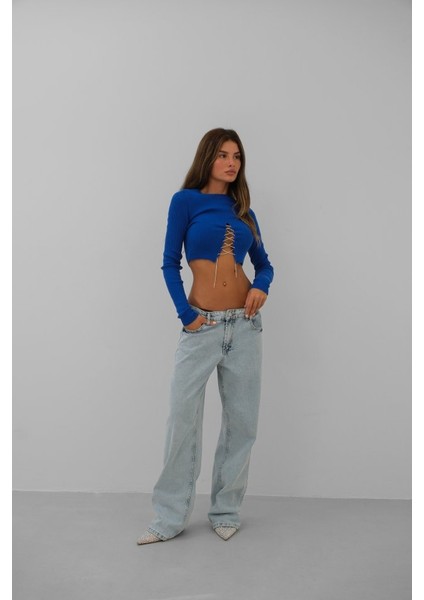 Üçaymoda Taş Detay Triko Yaka Crop Bluz indirimleri