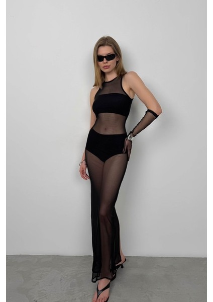 Üçaymoda Yüzücü Yaka Maxi Tül Elbise