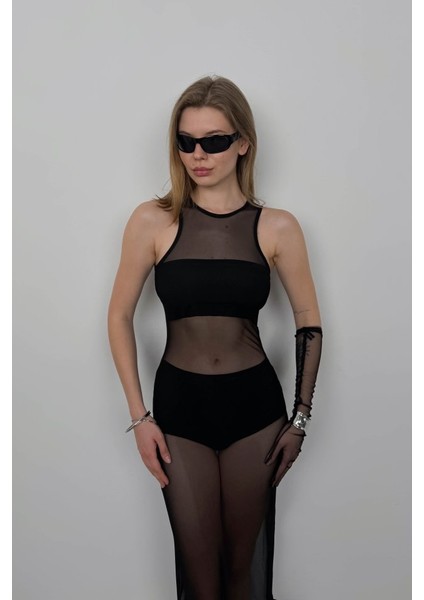 Üçaymoda Yüzücü Yaka Maxi Tül Elbise fiyatları