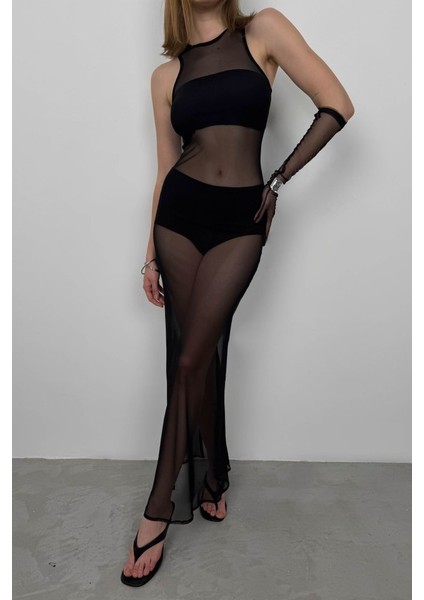 Üçaymoda Yüzücü Yaka Maxi Tül Elbise modelleri