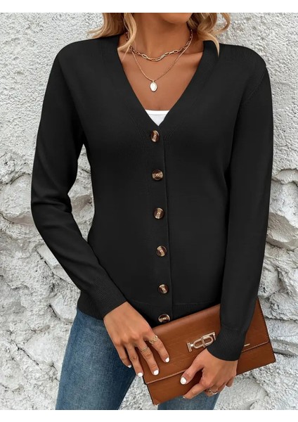Üçaymoda Kasın Uzun Kollu Önü Düğmeli Kısa Hırka