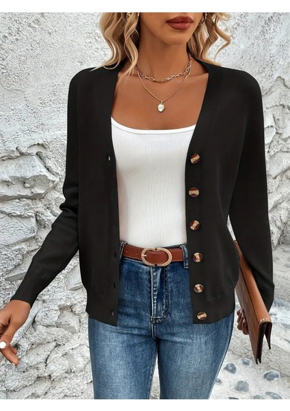 Üçaymoda Kasın Uzun Kollu Önü Düğmeli Kısa Hırka