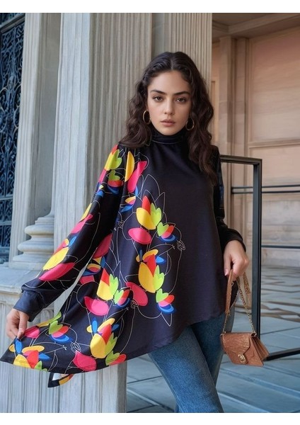 Üçaymoda Kadın Uzun Kollu Balıkçı Yaka Asimetrik Kesim Dalgıç Kumaş Bluz