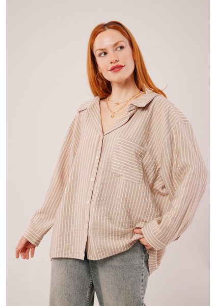 Üçaymoda Çizgi Detaylı Cepli Camel Gömlek