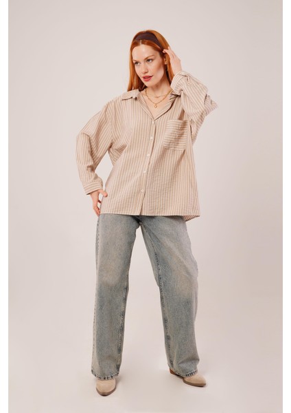 Üçaymoda Çizgi Detaylı Cepli Camel Gömlek
