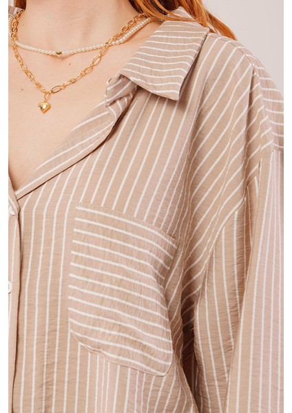 Üçaymoda Çizgi Detaylı Cepli Camel Gömlek