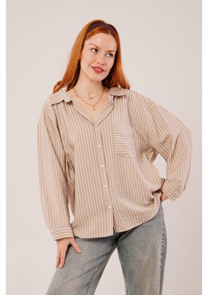 Üçaymoda Çizgi Detaylı Cepli Camel Gömlek