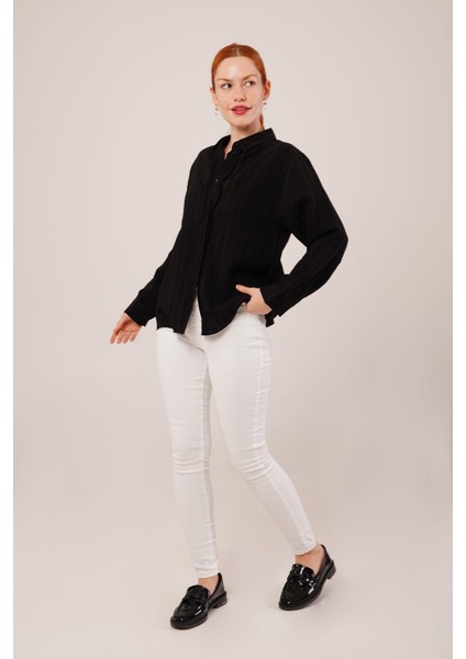 Üçaymoda Düğmeli ve Çizgi Detaylı Siyah Gömlek fiyatları