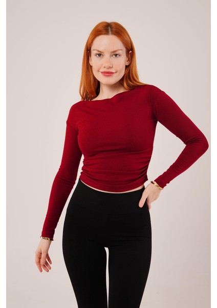 Üçaymoda Yaka Detay Uzun Kollu Basic Bordo Bluz