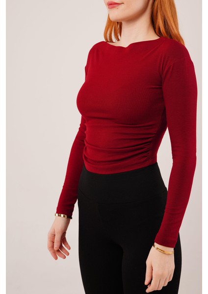 Üçaymoda Yaka Detay Uzun Kollu Basic Bordo Bluz modelleri