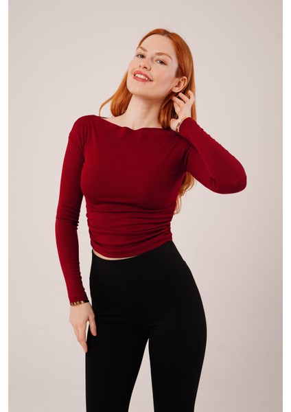 Üçaymoda Yaka Detay Uzun Kollu Basic Bordo Bluz fırsatları