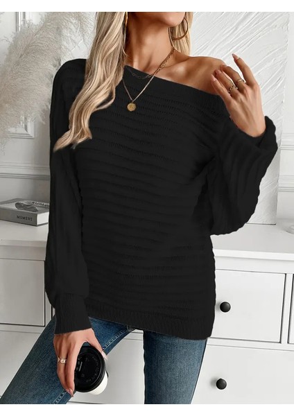 Üçaymoda Kadın Uzun Kollu Tek Omuzu Açık Triko Bluz