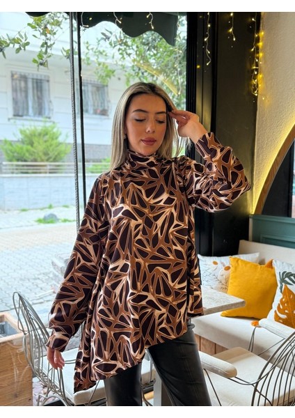 Üçaymoda Kadın Uzun Kollu Balıkçı Yaka Asimetrik Kesim Salaş Bluz