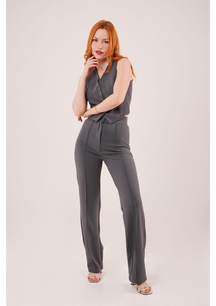 Üçaymoda Ön Dikiş Detaylı Tek Düğme Gri Pantolon