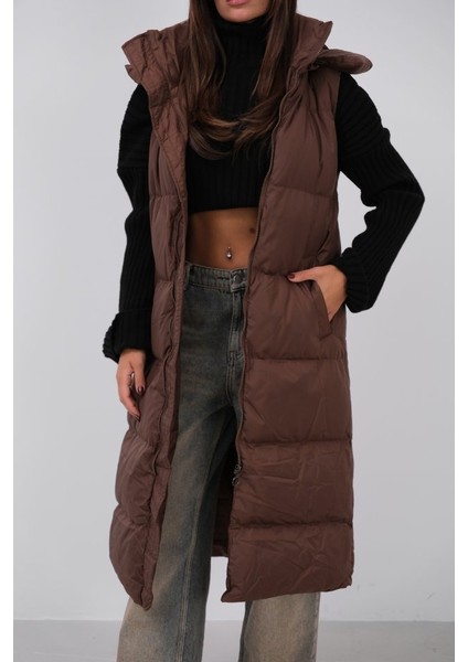 Üçaymoda Kapüşonlu Şişme Maxi Yelek