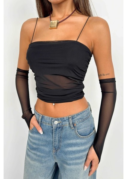 Üçaymoda Kolluk Detay Askılı Tül Bluz modelleri