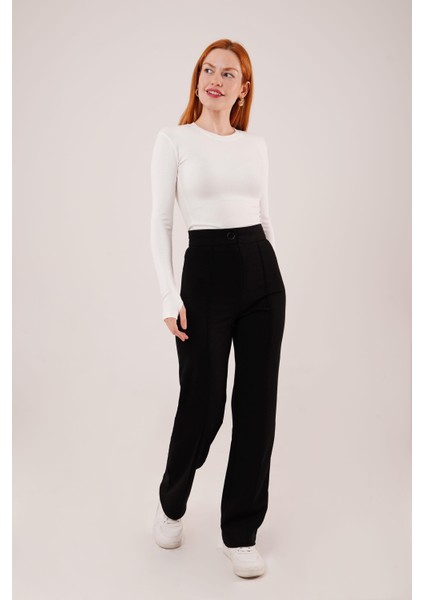 Üçaymoda Ön Dikiş Detaylı Tek Düğme Siyah Pantolon