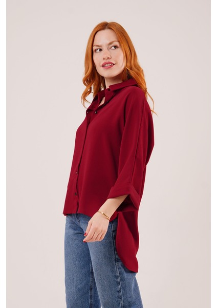 Üçaymoda Yarasa Kol Rahat Kalıp Bordo Gömlek