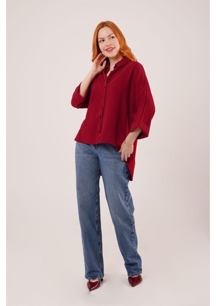 Üçaymoda Yarasa Kol Rahat Kalıp Bordo Gömlek