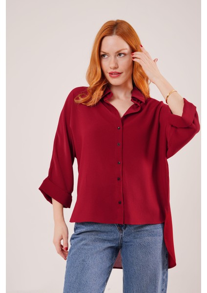 Üçaymoda Yarasa Kol Rahat Kalıp Bordo Gömlek