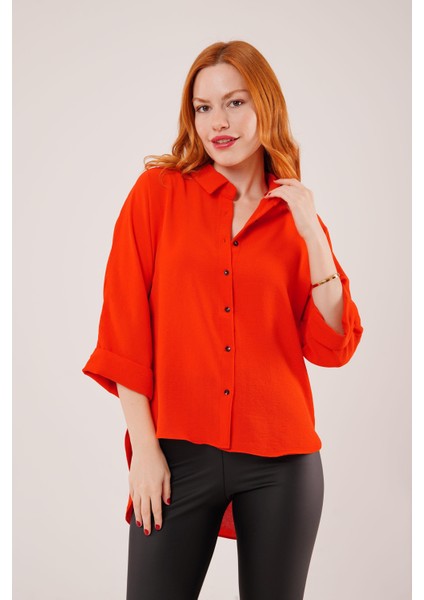 Üçaymoda Yarasa Kol Rahat Kalıp Turuncu Gömlek