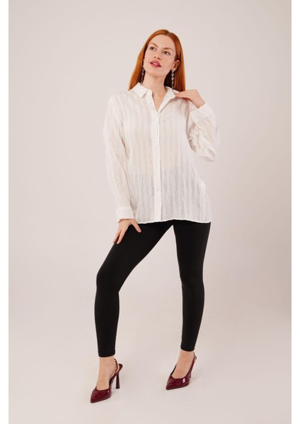 Üçaymoda Düğmeli ve Çizgi Detaylı Beyaz Gömlek fırsatları
