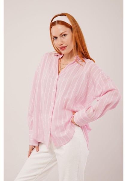 Üçaymoda Kol Düğmeli Çizgili Pembe Gömlek