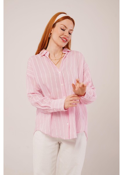 Üçaymoda Kol Düğmeli Çizgili Pembe Gömlek
