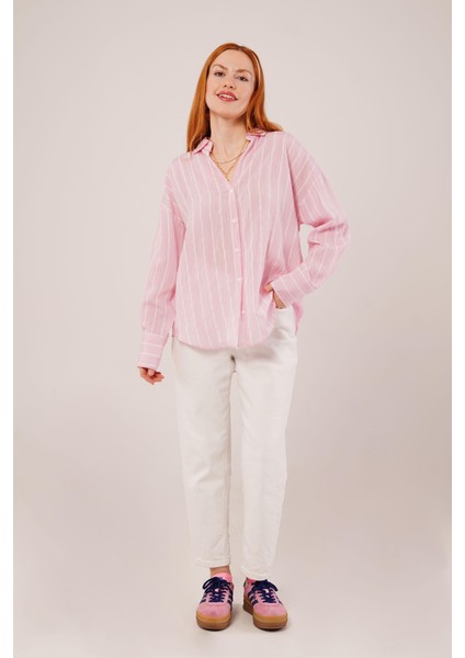 Üçaymoda Kol Düğmeli Çizgili Pembe Gömlek