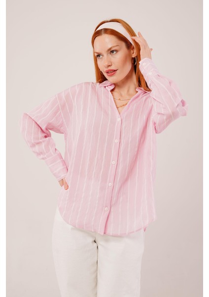 Üçaymoda Kol Düğmeli Çizgili Pembe Gömlek