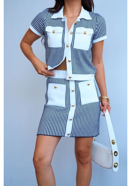 Üçaymoda Cepli Etek Takım - Kemik-Lacivert