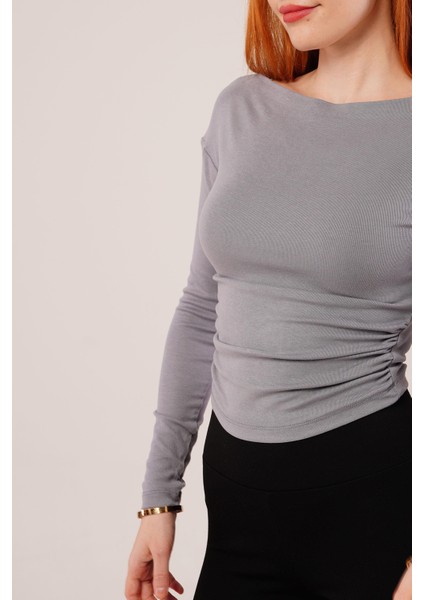 Üçaymoda Yaka Detay Uzun Kollu Basic Gri Bluz modelleri